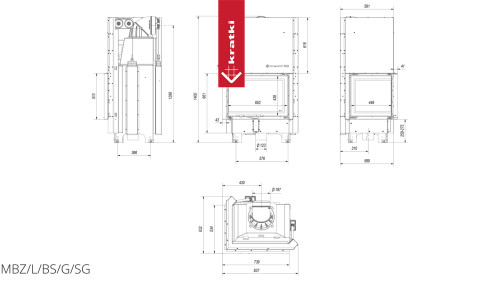 Топка Kratki PRO MBZ/L/BS/G/SG угловое гнутое стекло слева, гильотина
